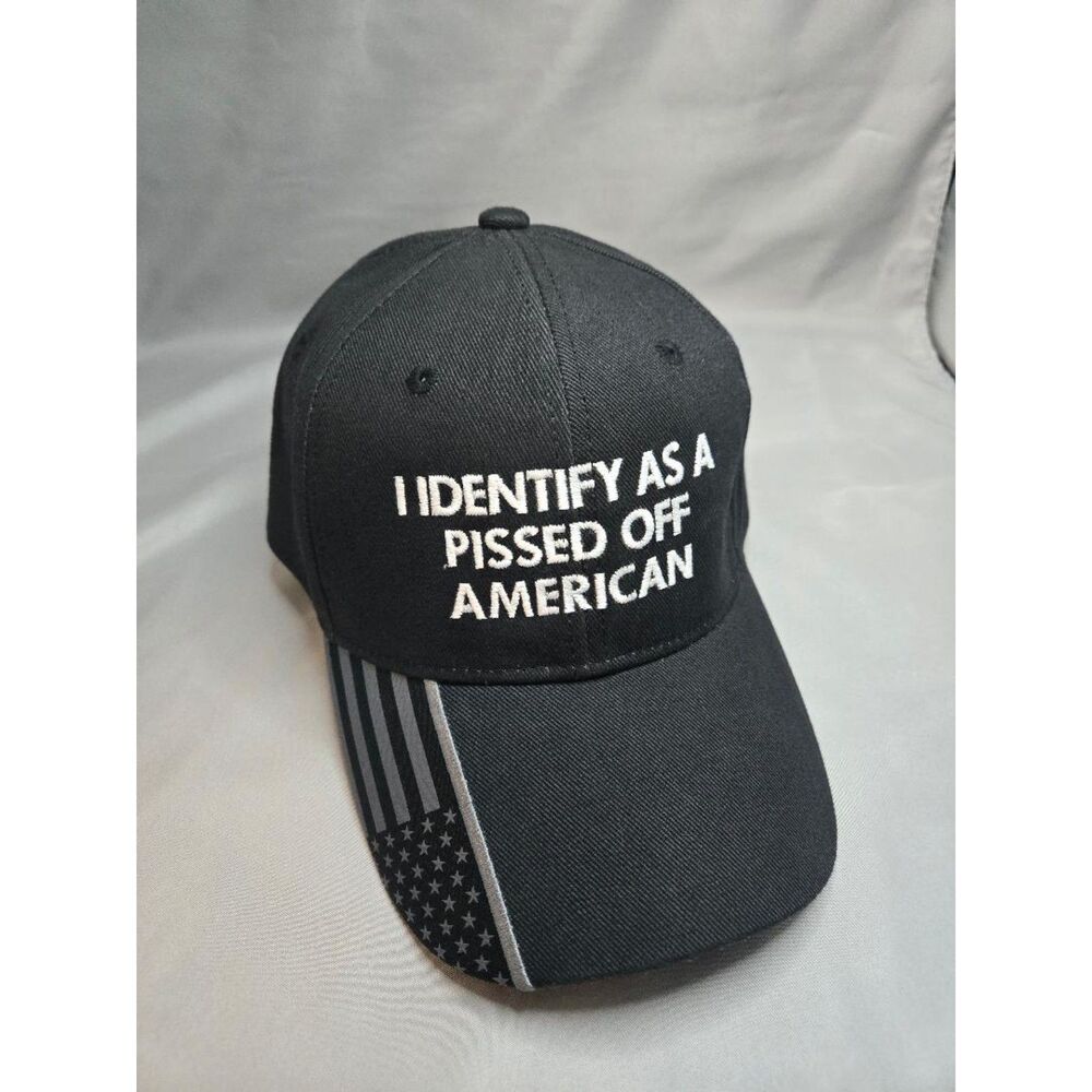 USA Flag "I identify As a Pissed Off American" Patriot Black Cap.